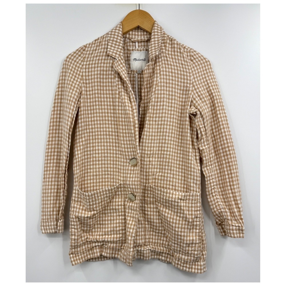 Madewell Gingham Linen Blend‎ Blazer Jacket Tan White XXS